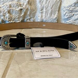 NWT Marlon Black Leather Belt with Silver Accents